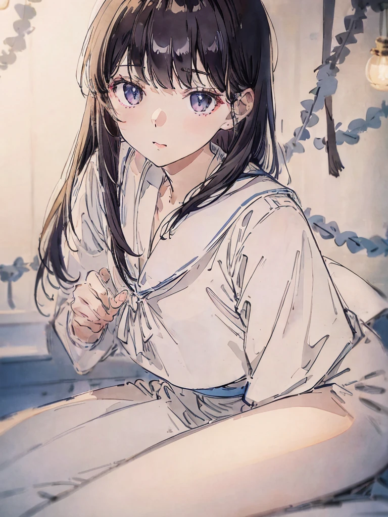 a sailor suit、A dark-haired、Light color、Soft lighting、a pale、Bangs on the eyes、Photo Studio、泣き顔、涙