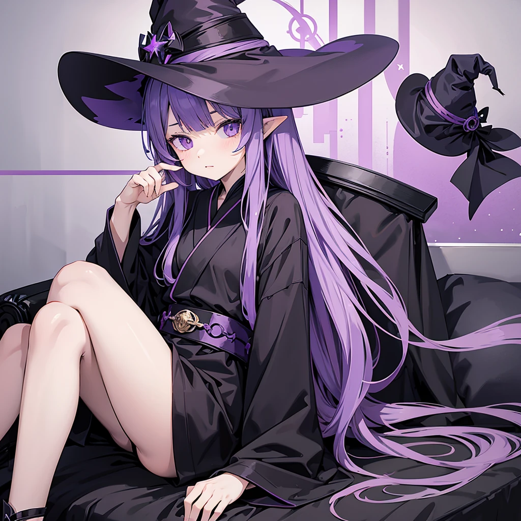 anime girl long purple hair wearing a black Robe. she has pointy ears. Witch Hat. Manga kawaii. iridescent ,An illustration, Sit on the sofa, One person