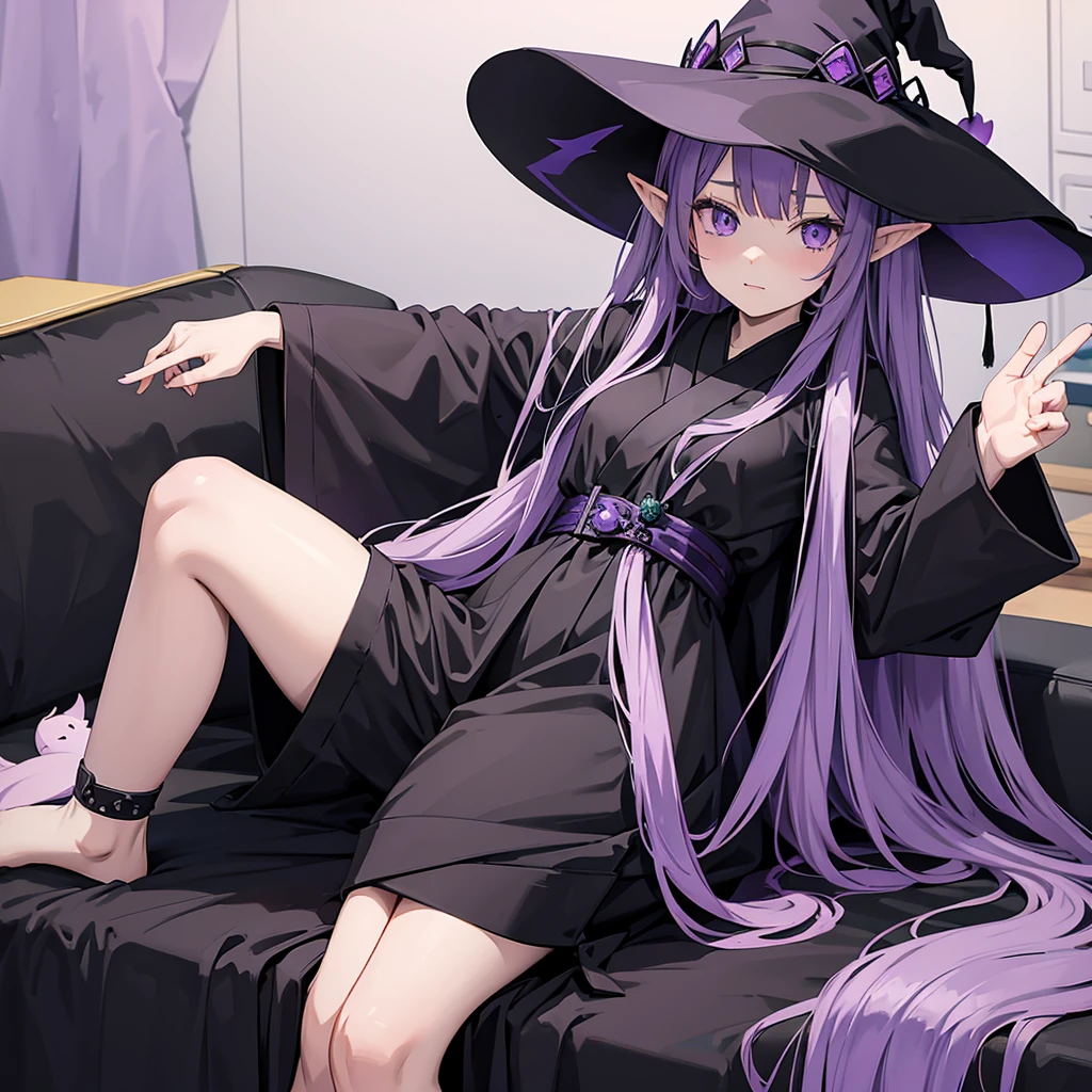 anime girl long purple hair wearing a black Robe. she has pointy ears. Witch Hat. Manga kawaii. iridescent ,An illustration, Sit on the sofa, One person