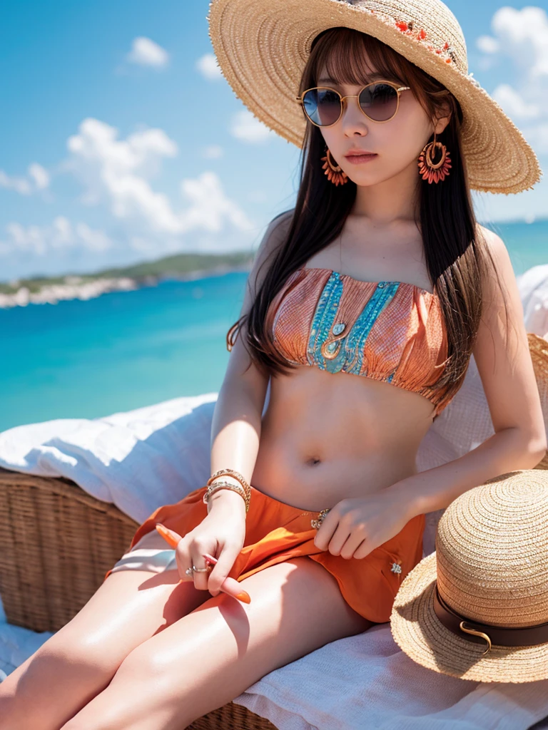1girll, Solo, starfish, seashell, shells, flower, Hat, hair adornments, jewelry, Straw hat, view the viewer, sunglasses, hatflower, drinking straw, hair pin, Earrings, Red flower, Colored glasses, yellowflower, bangs, multicolored hair, orangeflower, ring, Ccup, Long hair, orange-tinted eyewear, food, Portrait, shell hair ornament