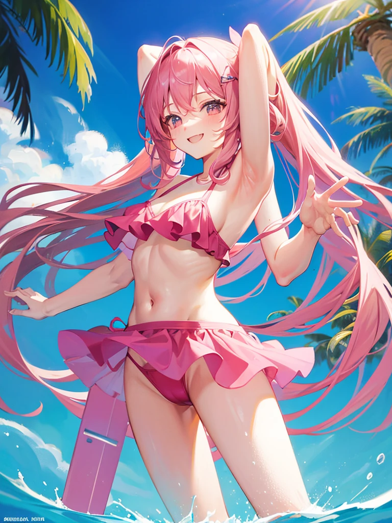 Pink long hair Big Breasts Bikini Swimwear Raising his arms to show his armpits smile Location: Pool