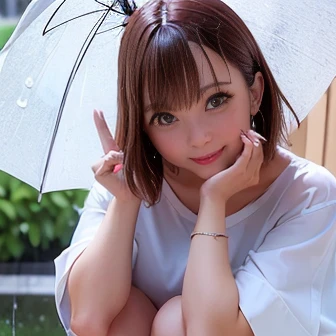 ((It rains、heavy rain:1.2))、(Holding a transparent umbrella with both hands)、(A girl crouching on the street)、A puddle spreads at my feet、(Wet T-shirt:1.2)、mini skirt、Bob Hair、Brown Hair、((Crying face:1.1))、Medium breast、(Beautiful face、Accurate Face、Anatomically correct limbs、Accurate 5-finger)、(Photorealistic quality、Highest quality、masterpiece、16K、Detailed Background)、