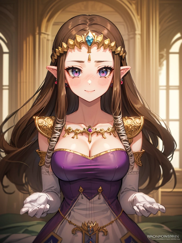 (Expressionless),((((Pull up your skirt)))))),((upper body)),((alone)),((),Anime art style,masterpiece,(Highest quality), (Super detailed),(Very delicate and beautiful),(alone),(Detailed face and eyes),Beautiful eyes like jewels,(A truly gorgeous jeweled ruffled rococo ball gown dress),(((Mature Woman,Queen))),((1 Queen in a beautiful embroidery and jeweled absolutely gorgeous rococo ballgown dress with voluminous full length hoop skirt)),((crinoline)),,((Lots of straight hair,Very long straight hair with great volume,Super long straight hair)),,Cleavage,(bed),length_gloves,Very gorgeous hair ornament,Sparkling、((((Front Face)))),((((Adult Expressions)))),((((Beautiful Face)))),((((dress)))),((smile)),(((Long Hair)))),((((Straight hair)))),((Cleavage)),((((Dark brown hair)))),Princess Zelda,((chest is slightly exposed)), ((Highest quality)),,(Very detailed) ,((Purple blouse)),((Put your arms behind your back)),Brown Hair,((Embarrassed look)),Blushing, ((Highest quality)), (Very detailed),((detailed)),(((pray))),nintendo, the legend of zelda),Crying face,Blushing,((alone)), ((Highest quality)), (Very detailed), ,
