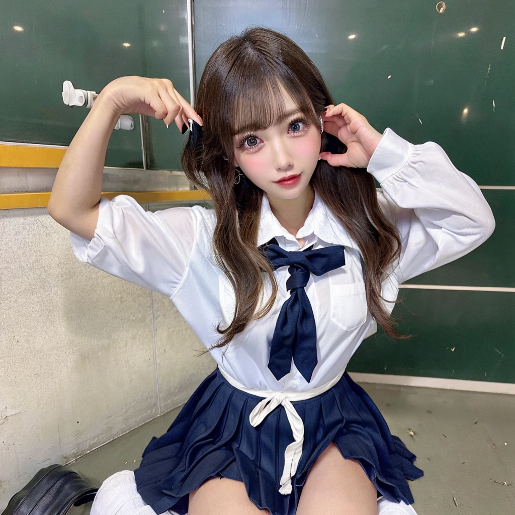 NSFW,(Super big breasts、valley、school uniform),(Raise your knees and open your legs、Raise your arms)、(High school classroom)、Beauty、double eyelids、Tear bags、Big, round eyes、Long eyelashes)、highest quality