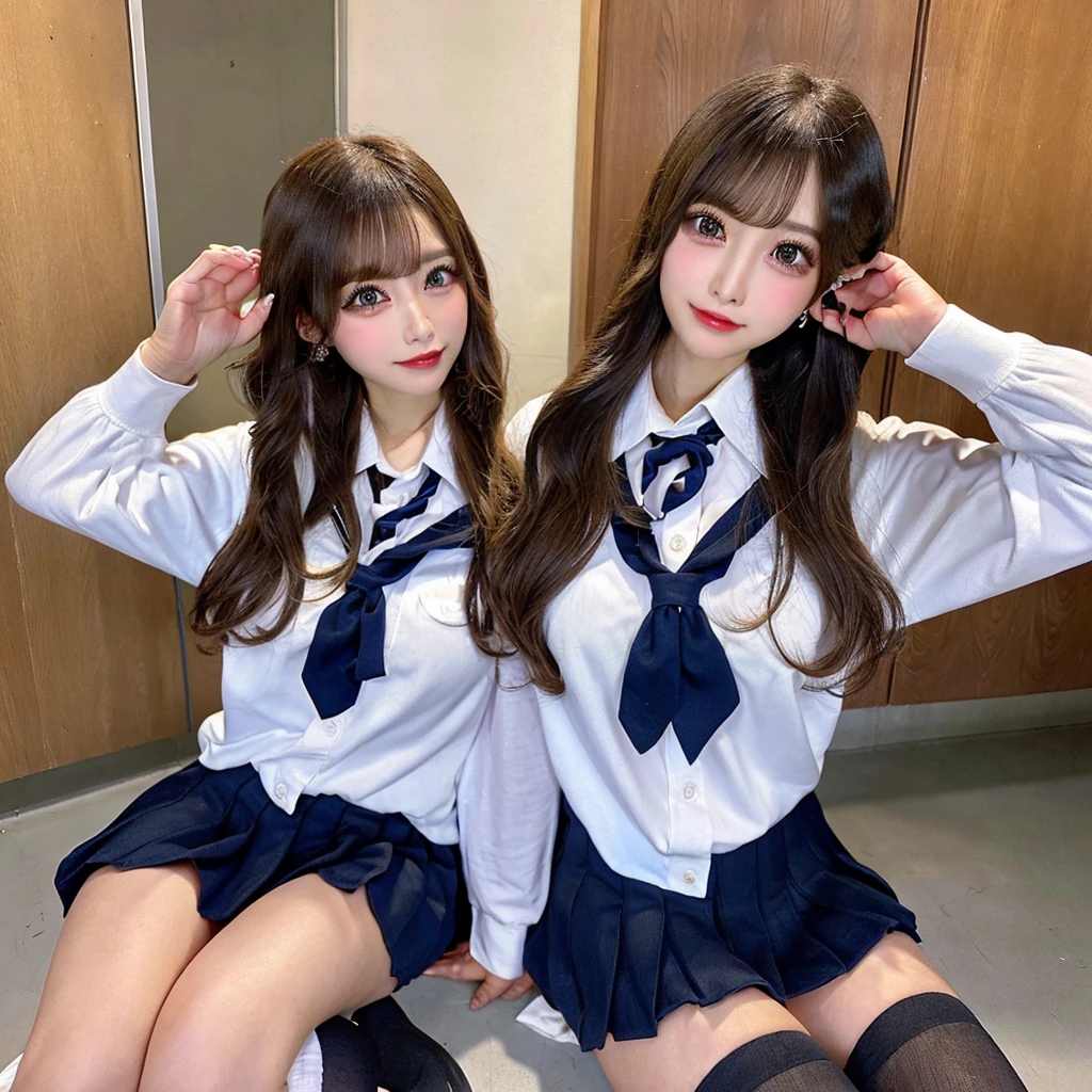 NSFW,（Super big breasts、valley、school uniform）,（Raise your knees and open your legs、Raise your arms）、（High school classroom）、Beauty、double eyelids、Tear bags、Big, round eyes、Long eyelashes）、highest quality