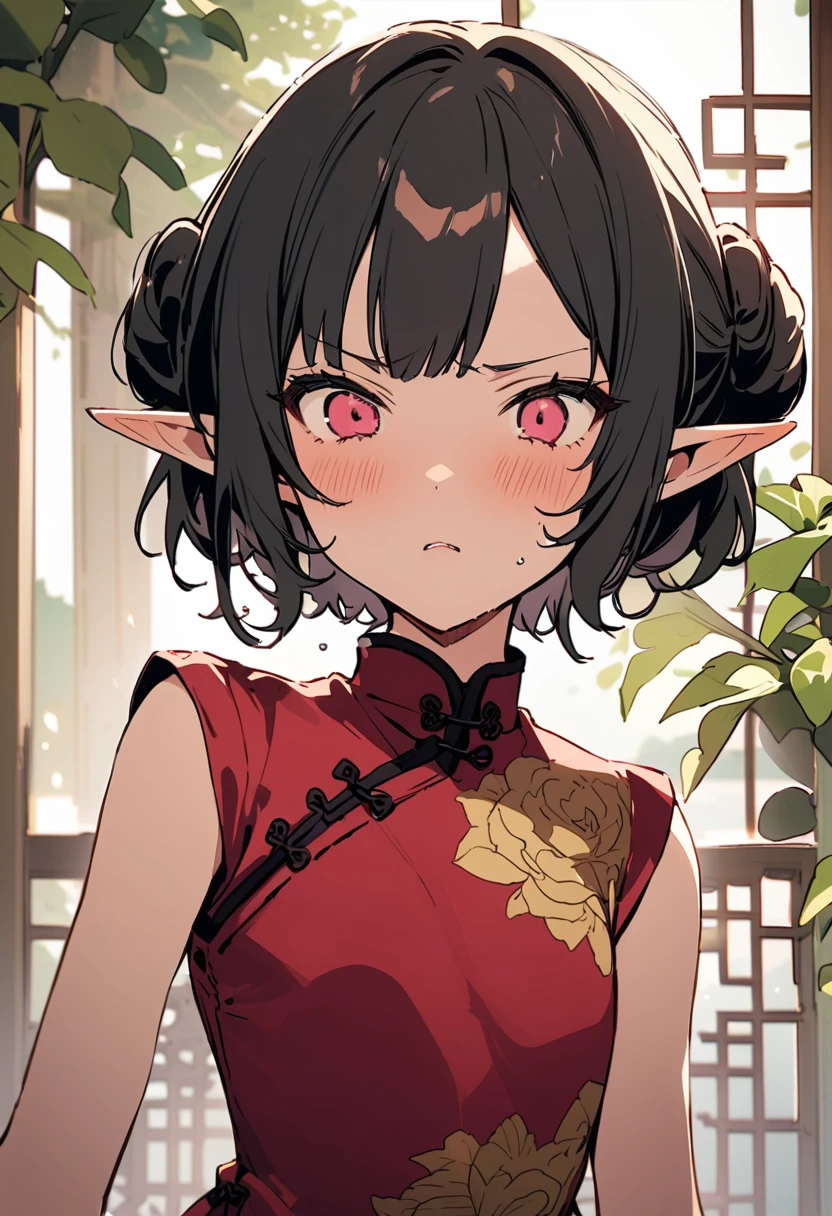 masterpiece, Highest quality, Illustration of the novel, High resolution, 18+ Adult content, Sensual, Intimate, Emotional, Passionate, romantic, sweet, Adorable, Innocent, Pure, charmな, charmな, charm, mysterious, charmな, charmな, Immersive, charmな, dream-like, Surreal, Imaginative, Whimsical, Artistic, Avant-garde, timeless, elegant, Sophisticated, chic, Sophisticated, Personality, original, charmな,((Loli Elf:1.3)),((A look of disgust:1.3))、Upper Body、(China dress:1.3)