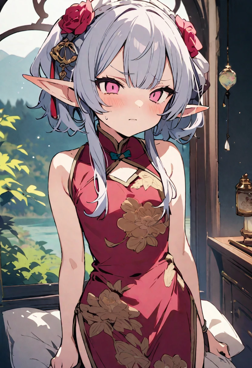 masterpiece, Highest quality, Illustration of the novel, High resolution, 18+ Adult content, Sensual, Intimate, Emotional, Passionate, romantic, sweet, Adorable, Innocent, Pure, charmな, charmな, charm, mysterious, charmな, charmな, Immersive, charmな, dream-like, Surreal, Imaginative, Whimsical, Artistic, Avant-garde, timeless, elegant, Sophisticated, chic, Sophisticated, Personality, original, charmな,((Loli Elf:1.3)),((A look of disgust:1.3))、Upper Body、(China dress:1.3)