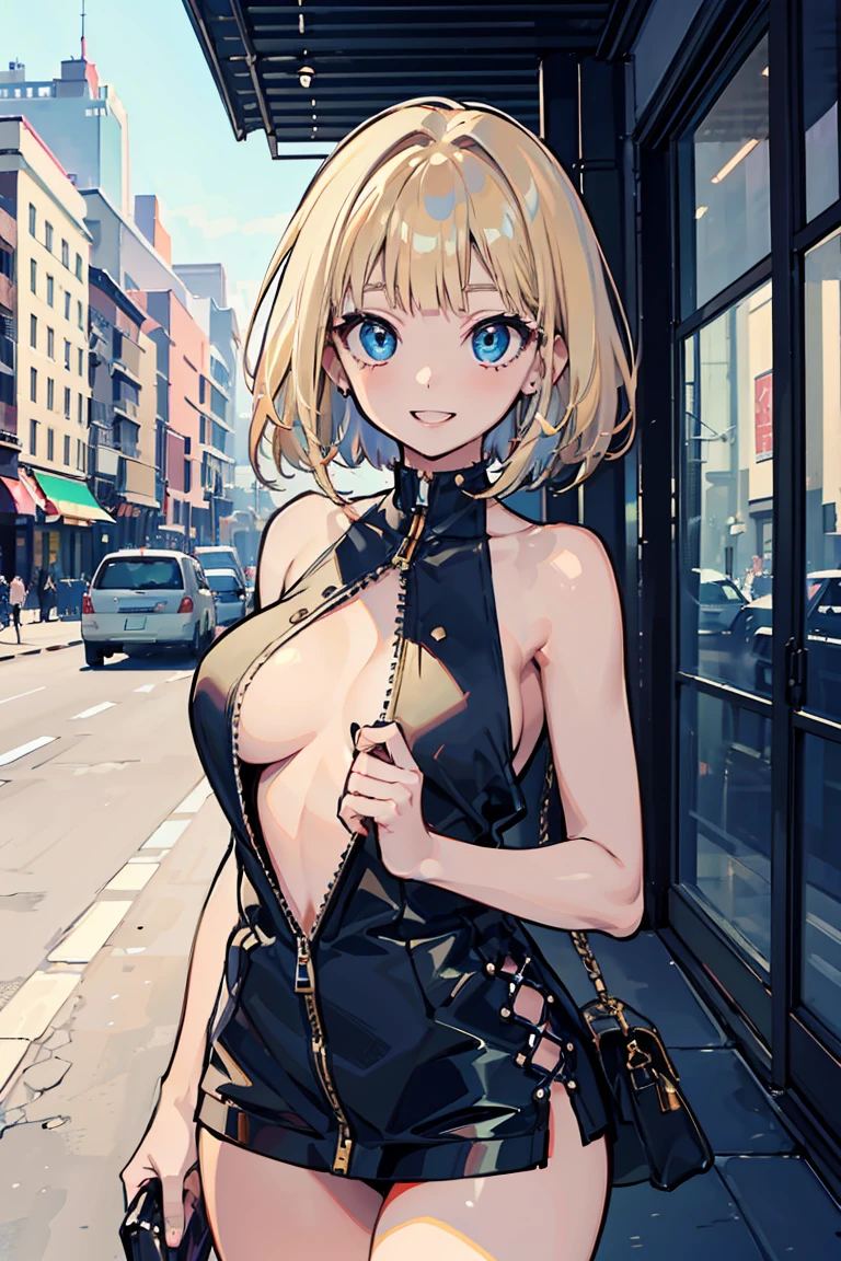(1 girl), (Brown Skin), Beige brand hair color,Short Bob,Exposed thighs, (super high quality), masterpiece, Cowboy Shot,(wild), Casual Scene, Relaxed atmosphere, (Mature fashion), She is wearing fashionable clothes, Sun light, Street atmosphere, urban environment. Perfect body, (E Cup:1.2), Wicked Smile, teeth, , Deep Blue Eyes,Fresh, (Asymmetrical bangs:1.3), Highly detailed face and eyes, length, Narrow eyes,cyber punk, sf, (Expose your shoulders), Digital Art, beautiful, Cinema Lighting, by Yusuke Murata.tonality, Romanticism, modern art, Impressionism, reflected light, 8K, masterpiece, Advanced Details, Highest quality, Accurate anatomy