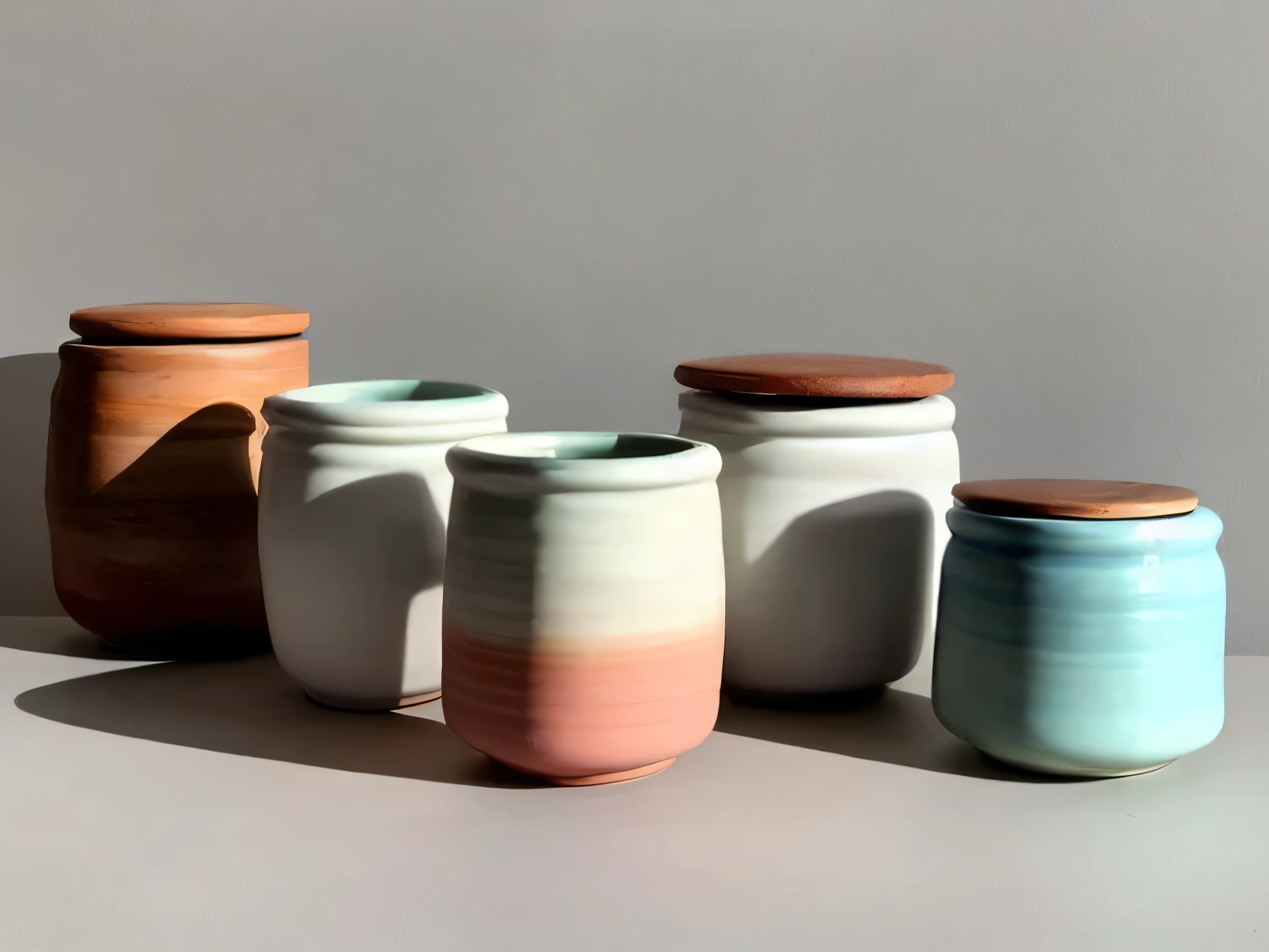 (Still),Colored glaze ceramics, containers,Vision,Lots of white space,(masterpiece), (best quality), Simple background, Rule of Thirds, (Still) Colored glaze ceramics, Backlight, real life, lifelike, actual, no humans, wood