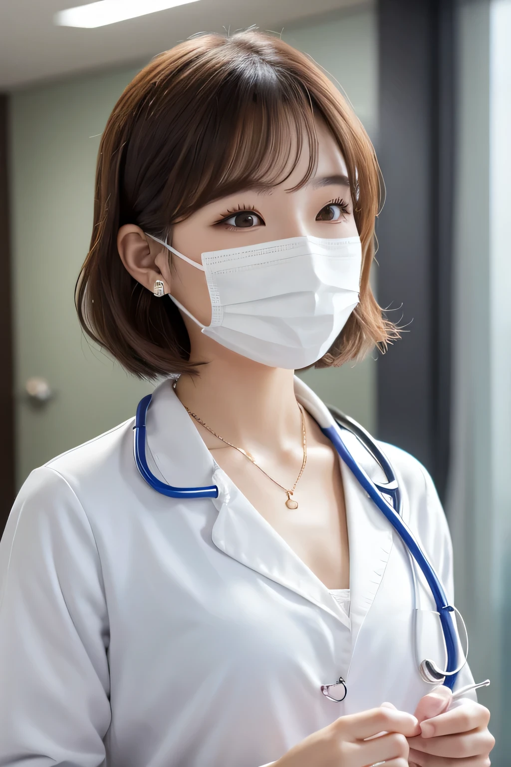 Beautiful young woman、 Korean women、Light brown hair、Necklace around the neck、White、Stethoscope、Mask on mouth、short hair、Wavy Hair、Intricate details, Very detailed:1.2), 、 Looking into the camera,The background is the inspection room..、ear piercing
