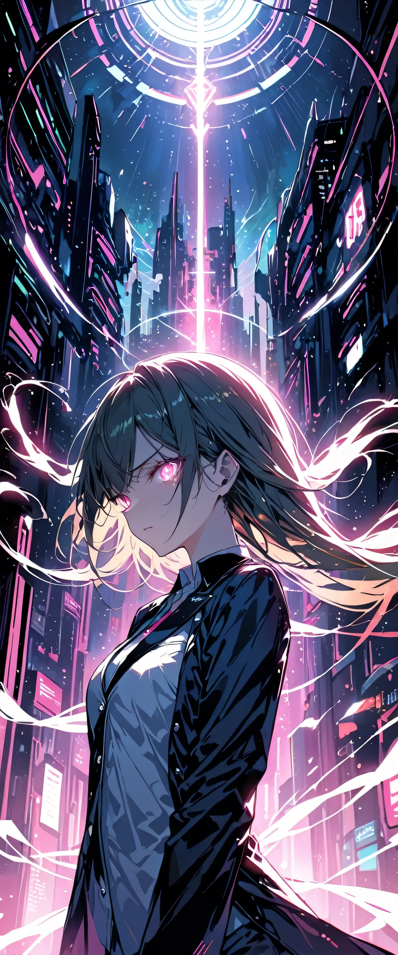 16K, High resolution, RTTX 10.0, Ray Tracing, Natural light, Absurd, Top quality masterpiece, Perfect anatomy and highly detailed face, Fine grain, One girl, alone, Wearing a business suit, shirt, Open the top button, Beautiful Hair, very beautiful, Edgy, nice, Evil Aura, the wind is strong, Glowing Eyes, dystopian city, Futuristic, Detailed Background, Awards, Neon Light, Talked about at the art station
