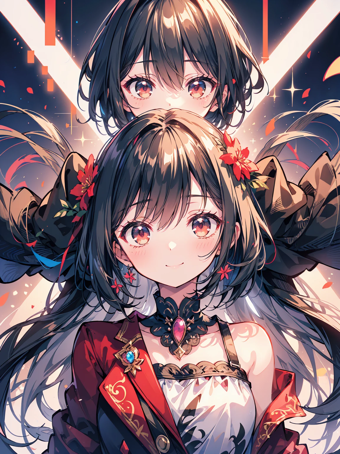 (masterpiece, highest quality, highest quality, (No text), Beautiful and aesthetic:1.2),No text,アニメ、 BREAK,One Girl,Short black hair Red eyes cool smile Black jacket mini skirt whole body Night view