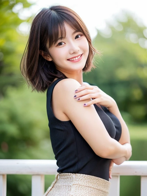 Average beauty with short dark hair. Glamorous. She is wearing a body-hugging blouse and tight skirt. Her expression is a bit smiley. She is Japanese.
