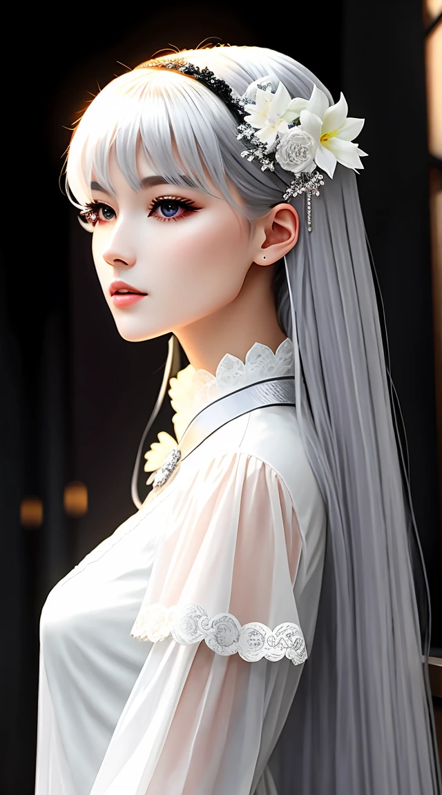white plum bouquet, Super transparent, holy light, beautiful spectral light, 꽃잎이 light난다, glare, dark background, drops of transparent light, reflective light, bright, light flows inward, optics, person profile, sharp focus, magical, convoluted, surreal, fancy, composition, light, Art Station Trends, pearl, A pair of silver Patronus clouds, Caustic Siege Line, 8K, ureal ar 23v4 uplight