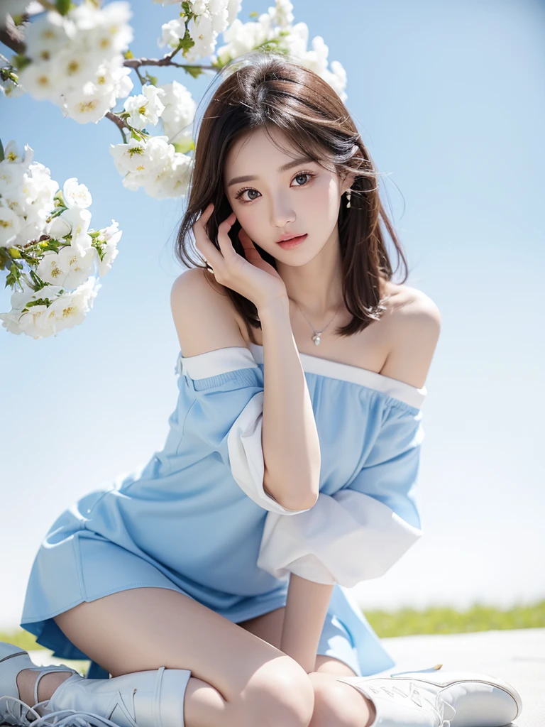 Beautiful woman wearing a blue sky and white mini dress with decorations on the shirt and visible shoulders and wearing boots and being photographed with a white background And And he was on the grass which was beautiful and filled with white flowers , Korean style swag, beautiful face so gorgeous, Beautiful eyes, y2k style