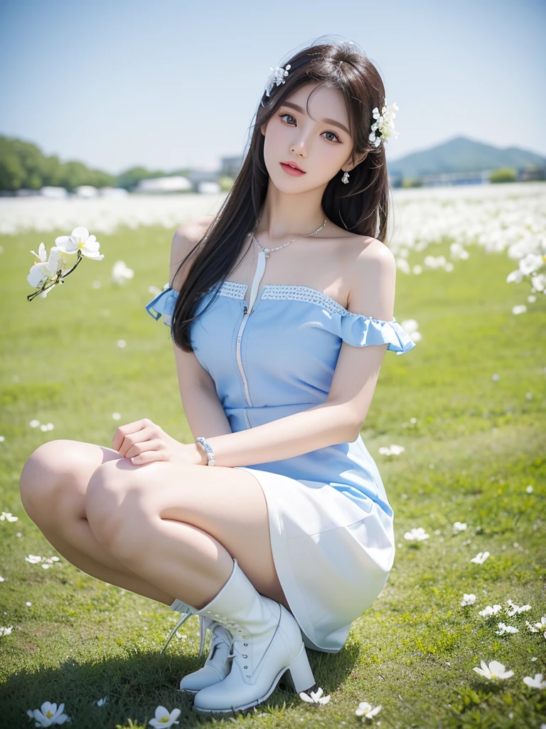 Beautiful woman wearing a blue sky and white mini dress with decorations on the shirt and visible shoulders and wearing boots and being photographed with a white background And And he was on the grass which was beautiful and filled with white flowers , Korean style swag, beautiful face so gorgeous, Beautiful eyes, y2k style