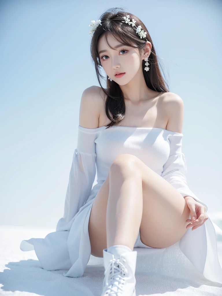 Beautiful woman wearing a blue sky and white mini dress with decorations on the shirt and visible shoulders and wearing boots and being photographed with a white background And And he was on the grass which was beautiful and filled with white flowers , Korean style swag, beautiful face so gorgeous, Beautiful eyes, y2k style