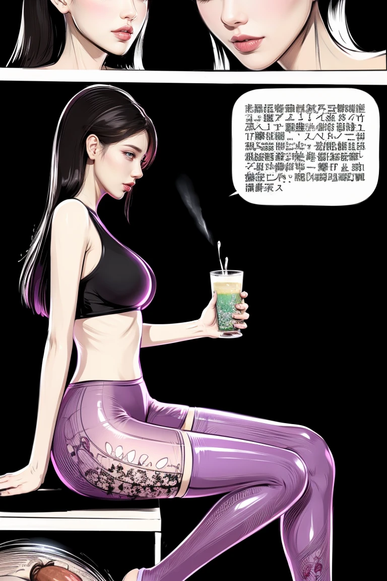 The beautiful girl in lace top and leggings is sitting astride a pile of skeletons in the center of the picture. She is holding a trembling sausage with juice squeezed out in her hand and smiling. There are multiple comic storyboards in the background，cbt, sausage bondage,sausage insertion,Sexy, trampling sausage with high heels heel,(masterpiece, best quality:1.2)，1 beautiful girl,sexy，comic storyboard:2, leggings, sit astride, axially symmetrical:2, ,femdom，sounding，cbt，hold，smile，colorful，leggings，thin gap，cameltoe，insertion，trembling，juice，spray， Long hair,Lace top,Sexy, Shiny leggings, High heel，cleveage, trampling, in forest, saliva , Mucus，