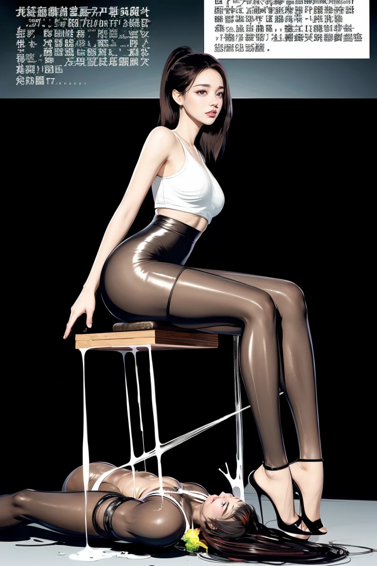 The beautiful girl in lace top and leggings is sitting astride a pile of skeletons in the center of the picture. She is holding a trembling sausage with juice squeezed out in her hand and smiling. There are multiple comic storyboards in the background，cbt, sausage bondage,sausage insertion,Sexy, trampling sausage with high heels heel,(masterpiece, best quality:1.2)，1 beautiful girl,sexy，comic storyboard:2, leggings, sit astride, axially symmetrical:2, ,femdom，sounding，cbt，hold，smile，colorful，leggings，thin gap，cameltoe，insertion，trembling，juice，spray， Long hair,Lace top,Sexy, Shiny leggings, High heel，cleveage, trampling, in forest, saliva , Mucus，