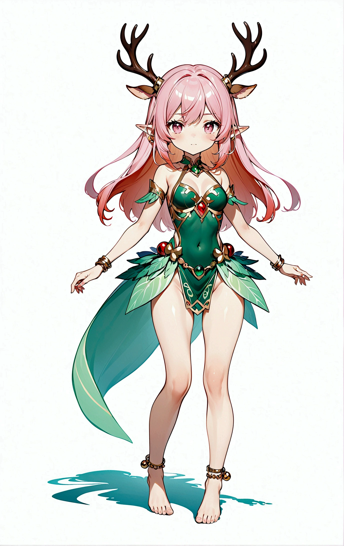 game character,Cartoon anime style,beautiful girl,Fluffy pink hair,Pink Eyes,antlers,Elf ears,Orange tulle short skirt,Metal gem-encrusted scepter,Slender legs,Standing barefoot,Bells on anklets。(((Correct human anatomy))),White background
