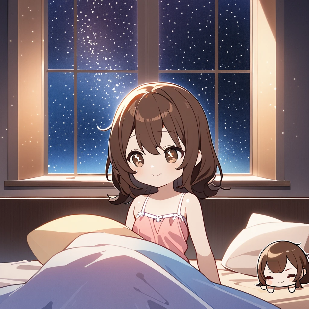 masterpiece、Highest quality、Depth of subject、2D illustration、1 beautiful girl、独奏, (((chibi style)))、cute chibi, lovely chibi, ((night)), ((window)), ((starry sky)), Long, beautiful hair、shiny brown hair、cute、Beautifully detailed eyes、((blanket))、((colorful))、Camisole dress、((happy smile))、sleeping on bed, ((close up shot))、((Asleep in bed)), ((in the room))、((There's a lot of pink around))、((closed eyes))、((vivid color))、sparkle、((Lens flare))、
