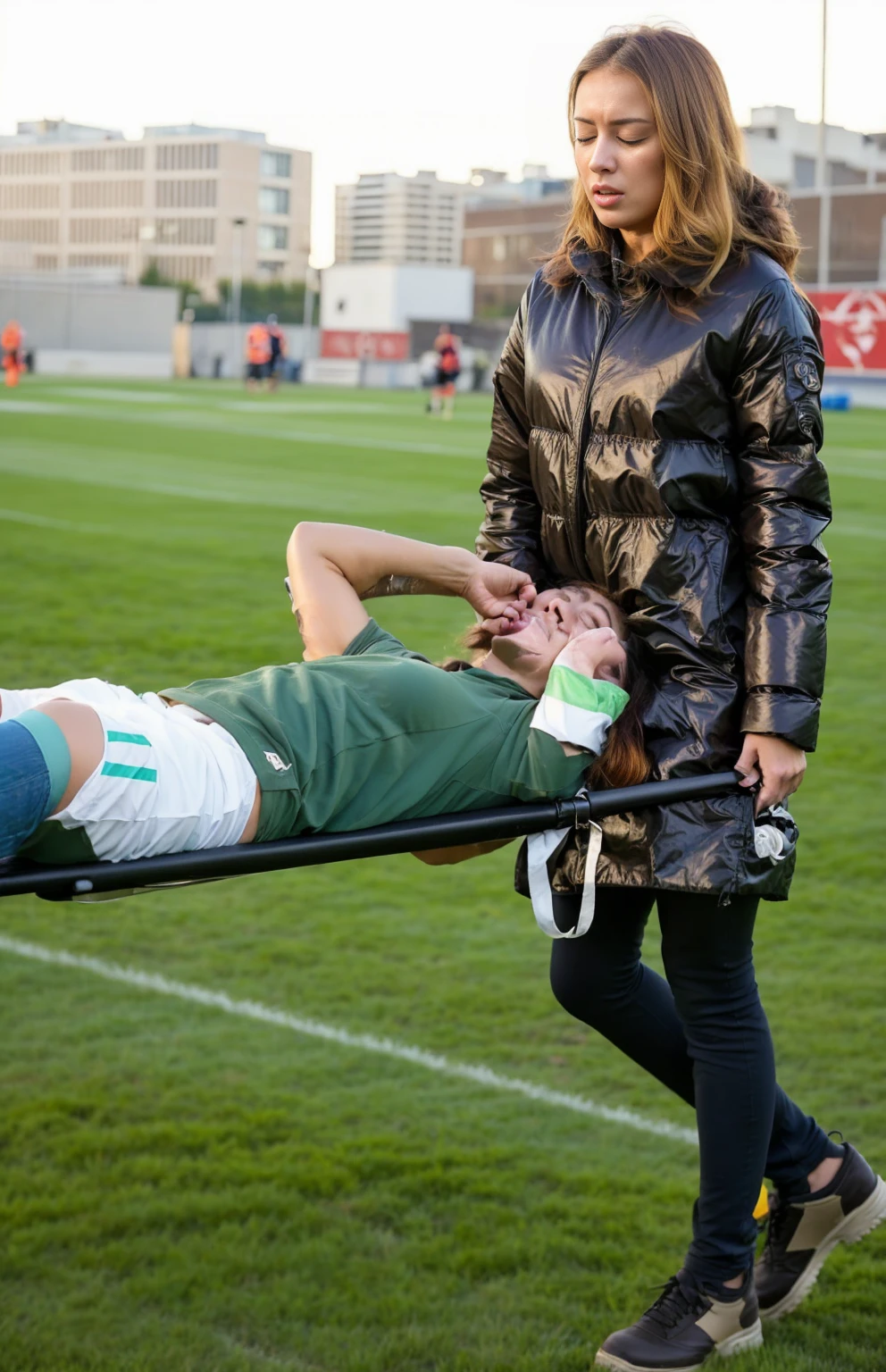 an excessively madeup teenage girl in a laquered coat, a passionately shouting teenage-girl in a laquered coat, there is a sportsman in white shorts and a white t-shirt lying injured on a stretcher, there is an injured sportsman who is covering his face on a stretcher, an injured sportsman is covering his face with his hands, an injured sportsman is writhing in ecstasy on a stretcher, dramatic pity pose, there is a latino woman in a high-shine puffy coat, a high-shine black down coat, a long black moncler coat, a wetlook down coat, a wet black laquered coat, a latino wife is wearing a wetlook black uniform, injured, medic, very professional, soccer action pose, affection pose, lecherous action pose, dramatic action pose, theatralic pose, there is an attractive woman that is carrying a skinny man, there is a beautiful woman in a shiny coat who is carrying a blond man on a wetlook orange stretcher, a longhaired beautiful woman in a high-shine black puffy coat, a longhaired woman in a shiny downcoat, a woman is carrying a shorthaired man who is wearing shorts and a t-shirt, a weak man in spots shorts is consciousless and needs to be carried, a shorthaired man with closed eyes is carried on a stretcher by a longhaired woman, a woman looks very scared and terrified, a consciousless man with closed eyes is suffering very much and has a very painful face, photo, photo shoot, photographed , accident, help, aid, first aid, pity