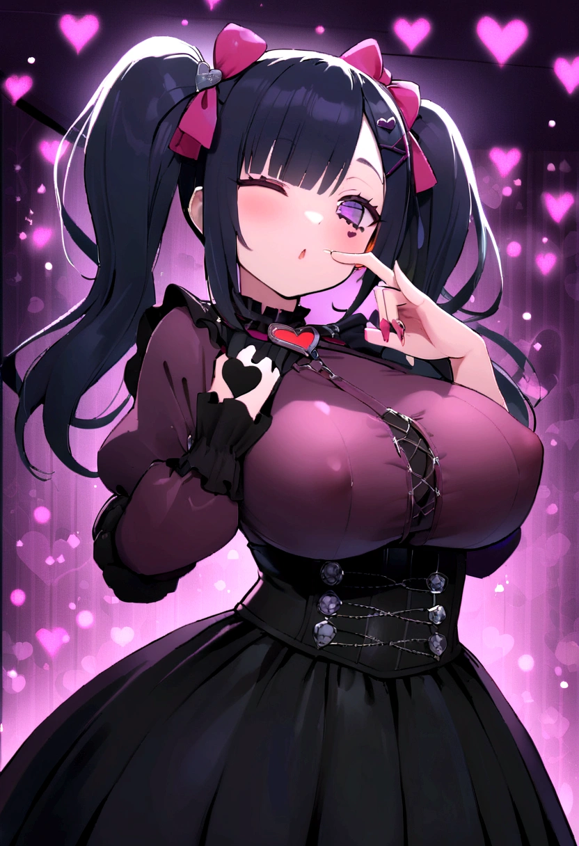 woman\((cute,\(very cute, Gothic Fashion,heart mark\):1.3),,skin\(white,青whiteい,Smooth,Silky,Shiny\),eye\(beautiful,Many star-shaped highlights\),Putting on makeup\(pink\),,Open your mouth,,hair\(pink,Twin tails,floating,Rolled up,detailed,Shiny\),hairclip\(heart\),Costumes\(Navy blue sailor suit１.６\,eye尻\(pink:1.3\),(narrow eye),very cute pose,(Open Big Tits 1.6), cute hand sign\), break ,background\(Harajuku\(Tokyo,Japan\),At night,cute,Fancy,dark\), ,quality\(8K,wallpaper of extremely detailed CG unit, masterpiece,High resolution,top-quality,top-quality real texture skin,Surreal,Increase the resolution,RAW Photos,最高quality,highly detailed,wallpaper,Cinema Lighting,Ray-tracing,Golden Ratio\),(Dynamic Angle),(Face close-up:1.3),Looking down on the audience,From below,Better Hands、