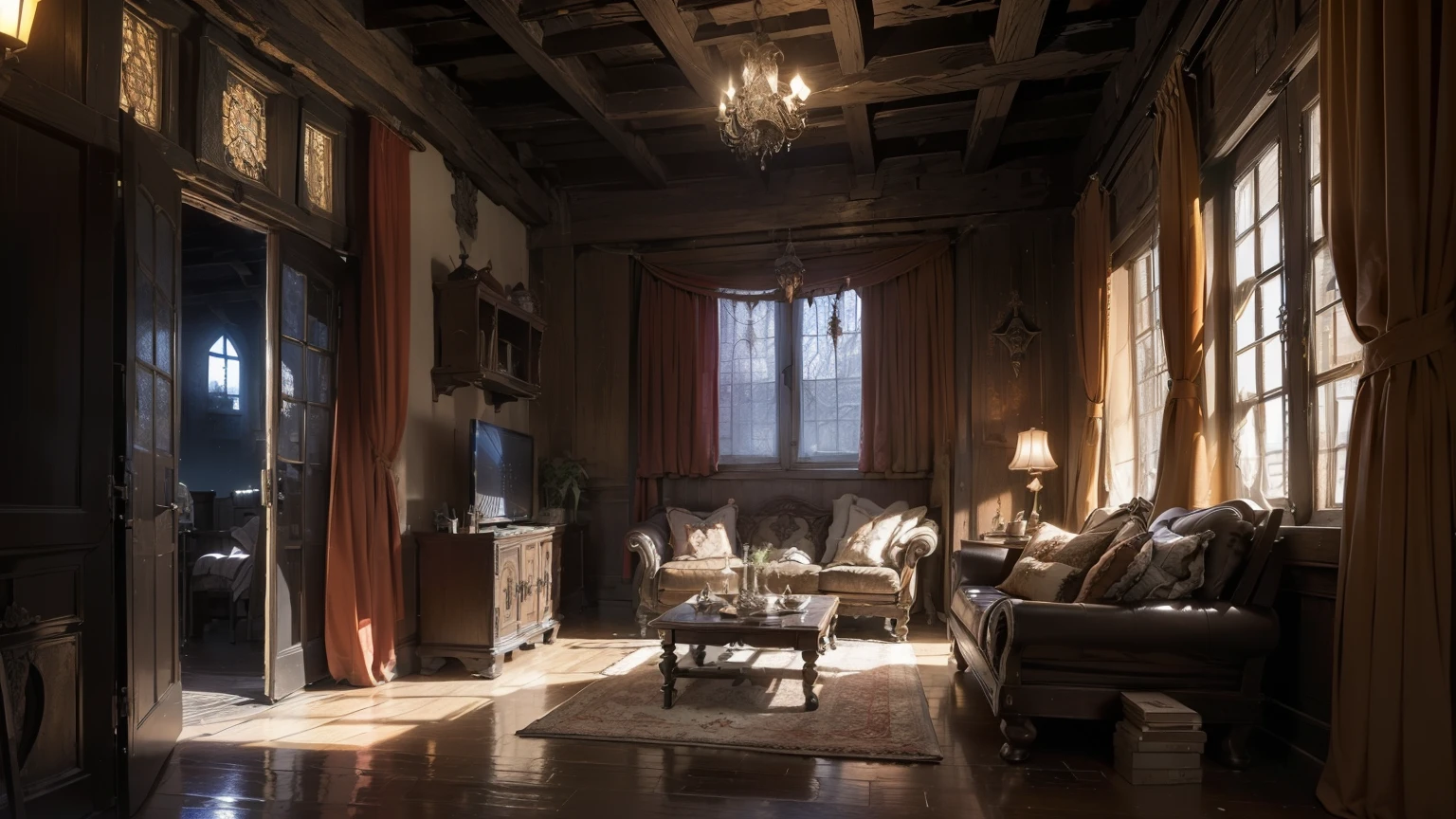((night异世界场景,Medieval European Living Room)),((Shabby,old,Dark)),night,old,(Dark),Rundown,curtain,Retro,