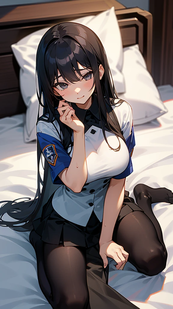 girl、Long black hair、Wet Uniform、Big breasts、Black Pantyhose、Spread your legs、Sit on the bed
