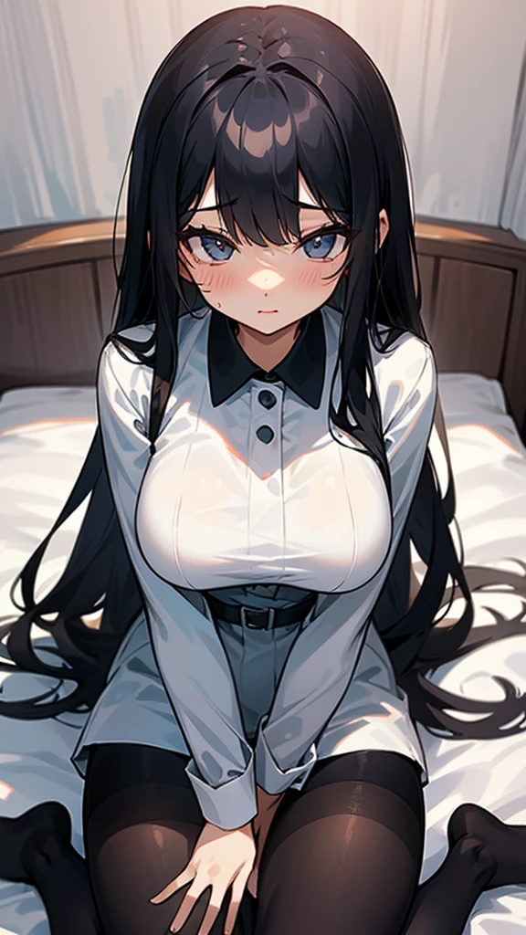 girl、Long black hair、Wet Uniform、Big breasts、Black Pantyhose、Spread your legs、Sit on the bed