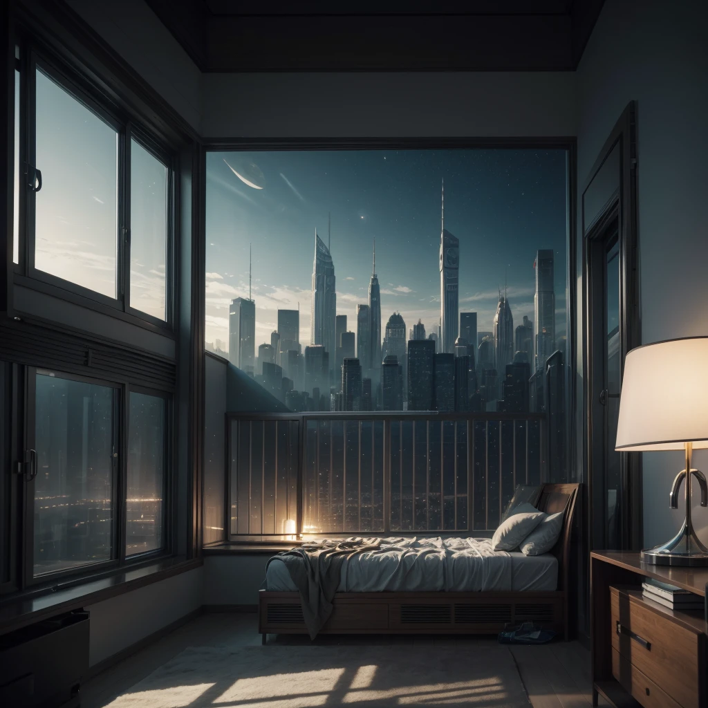 a beautiful sci-fi matte painting for bedroom by John Harris, Sparth e Greg Rutkowski. Sharp edges, Tiffany azul, gray orange, white and gold. Science fiction room on a space base, Outside the windows a future city skyline, Efeito de Luz. ultra clear detailed, 3 d, octane rendering. 8K