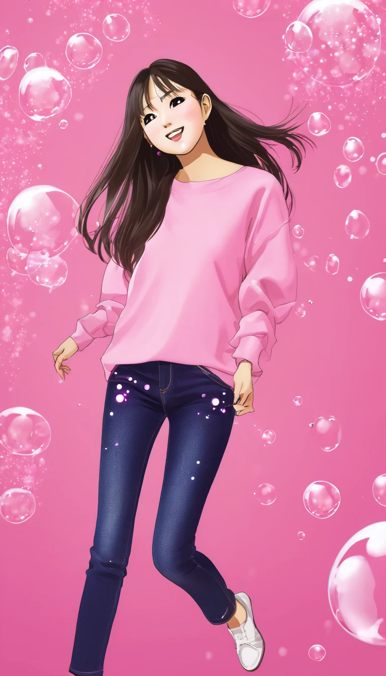 Image of marin kitagawa wearing a pink top and blace jeans, there is a gradient pink background with bubbles flying all over