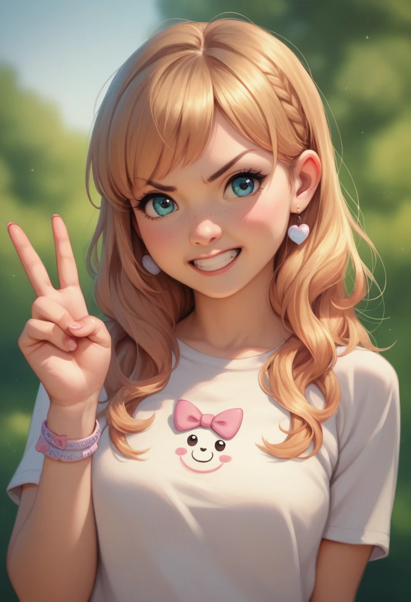 angry,Wear a shirt、cartoon girl holding a peace sign, cute cartoon character, Cute numbers, Cute numbers艺术, Lovely art style, Lovely characters, Realistic cute girl, Character in a natural pose, Lovely and detailed digital art, cute cartoon, Cute kawaii girl, cute cartoon style, Cute anime girl