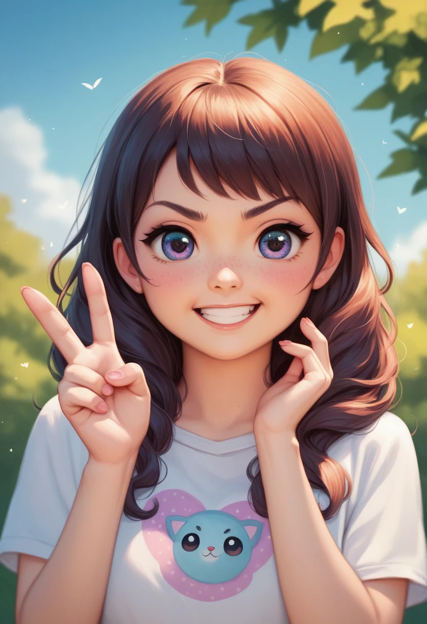 angry，Wear a shirt、cartoon girl holding a peace sign, cute cartoon character, Cute numbers, Cute numbers艺术, Lovely art style, Lovely characters, Realistic cute girl, Character in a natural pose, Lovely and detailed digital art, cute cartoon, Cute kawaii girl, cute cartoon style, Cute anime girl