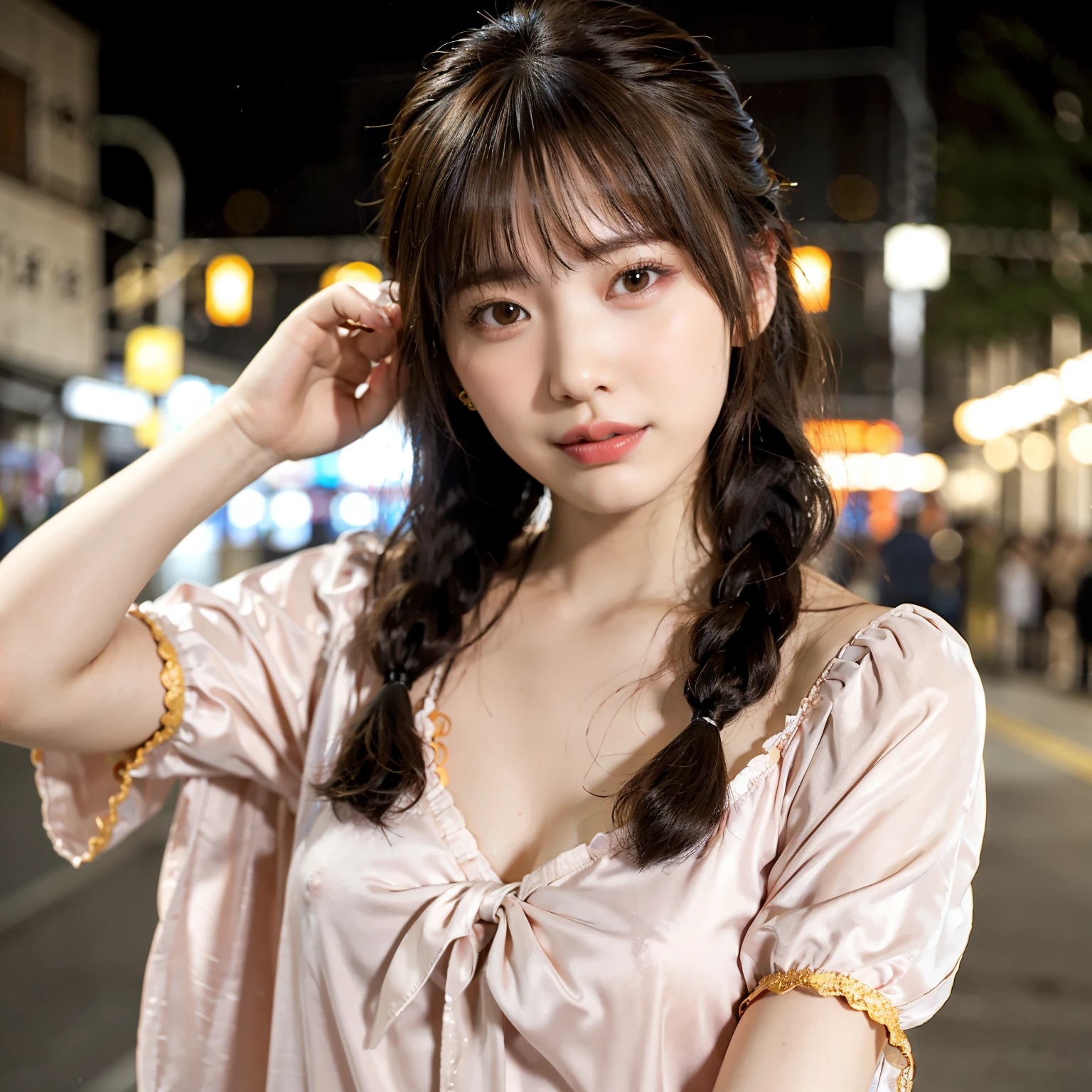 Highest quality, Realistic, 8K, High resolution, girl, 1 girl, woman, (Skin dents), (Big Breasts), (Professional Lighting, Bokeh), (street), (people々, crowd: 0.6), market, (night: 1.2), (brown), (blouse: 1.5), (Portraiture: 0.6), nice, bloom, (Floating Hair), Braided hair, (Particles of light, Lens flare, Lumine particles: 0.6), (Dynamic pose: 1.2), Soft lighting, (((Vulgarity)), Stupid,