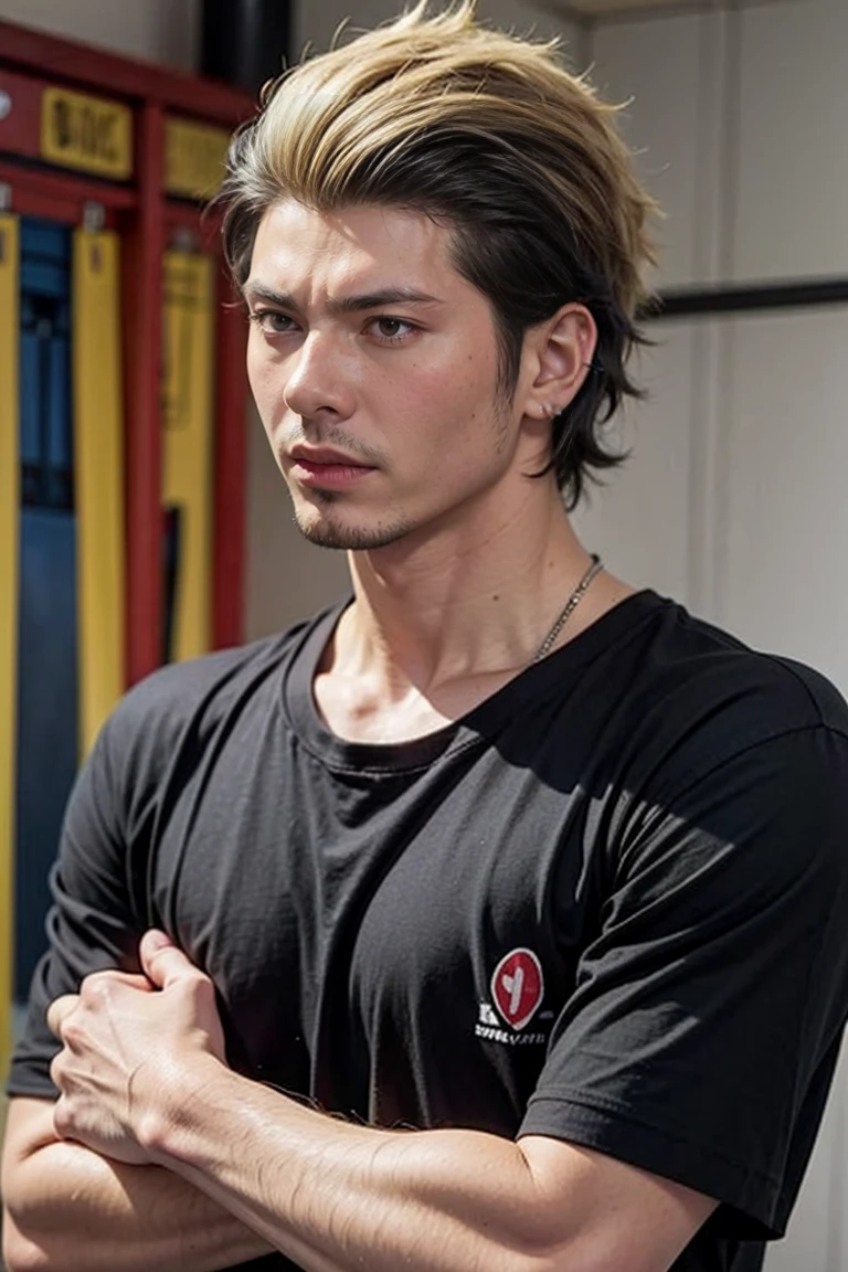 Realistic , handsome Ryuuji Suguro ,black t-shirt
