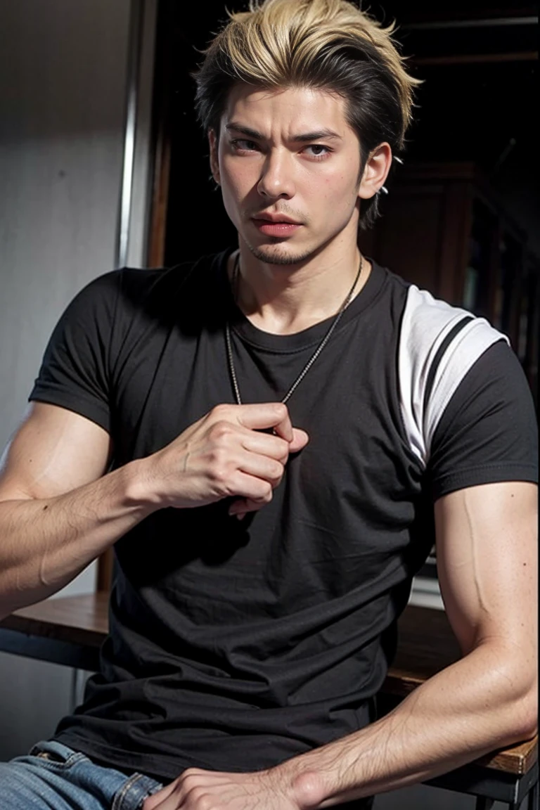 Realistic , handsome Ryuuji Suguro ,black t-shirt
