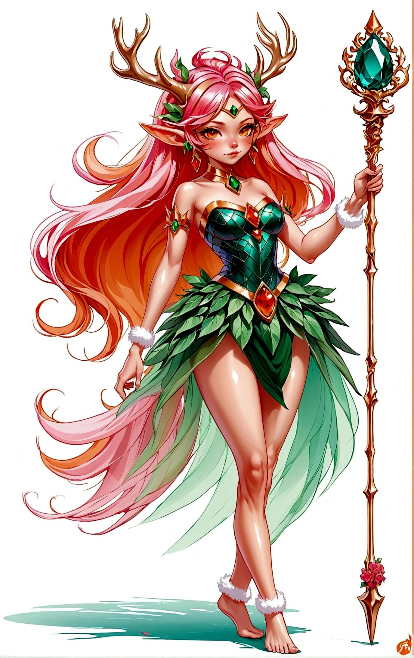 game character，Cartoon anime style，beautiful girl，Fluffy pink hair，Pink Eyes，antlers，Elf ears，Orange tulle short skirt，Metal gem-encrusted scepter，Slender legs，Standing barefoot，Bells on anklets。(((Correct human anatomy)))，White background
