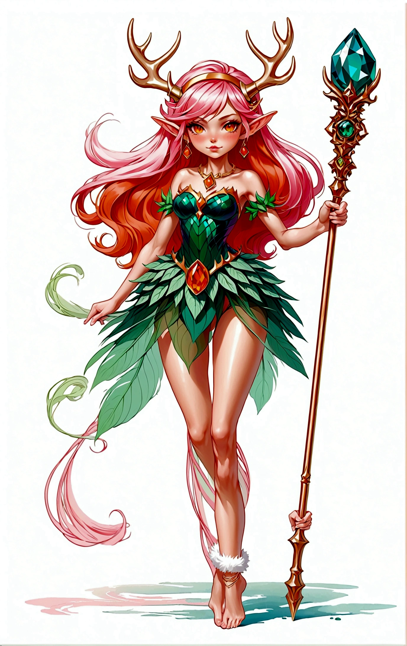 game character,Cartoon anime style,beautiful girl,Fluffy pink hair,Pink Eyes,antlers,Elf ears,Orange tulle short skirt,Metal gem-encrusted scepter,Slender legs,Standing barefoot,Bells on anklets。(((Correct human anatomy))),White background