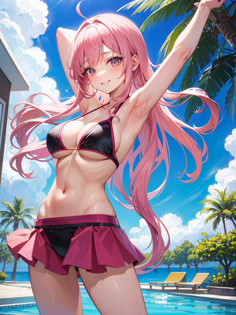 Pink long hair Very big boobs Bikini Swimwear Raising his arms to show his armpits smile Location: Pool