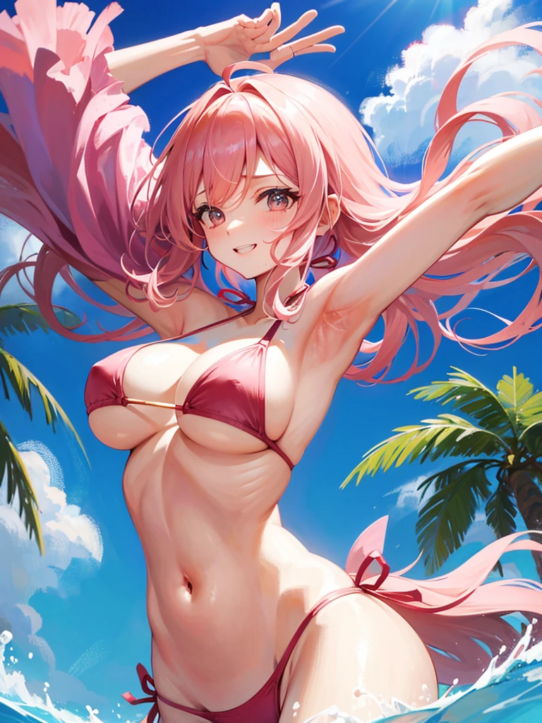 Pink long hair　Very big boobs　Bikini Swimwear　Raising his arms to show his armpits　smile　Location: Pool