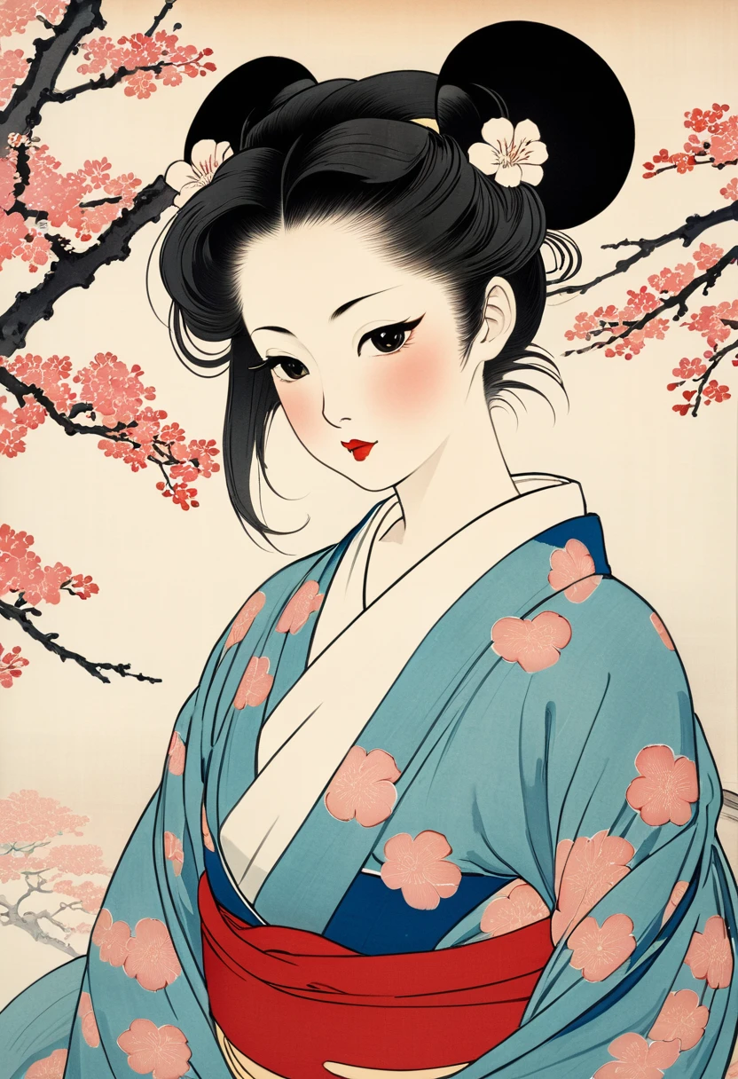 (Ito Shinsui style:1.2) , Hallucination, daydream , nightmare , Insane Dream , bokeh , erotica , romance , realistic mouse nymph and realistic cat , Women's hakama from the Meiji period , Petals fluttering down , Single eyelids, round nose, swollen cheeks , glossy lips , Collarbone , Hair blowing in the wind , Meiji period , Scapula