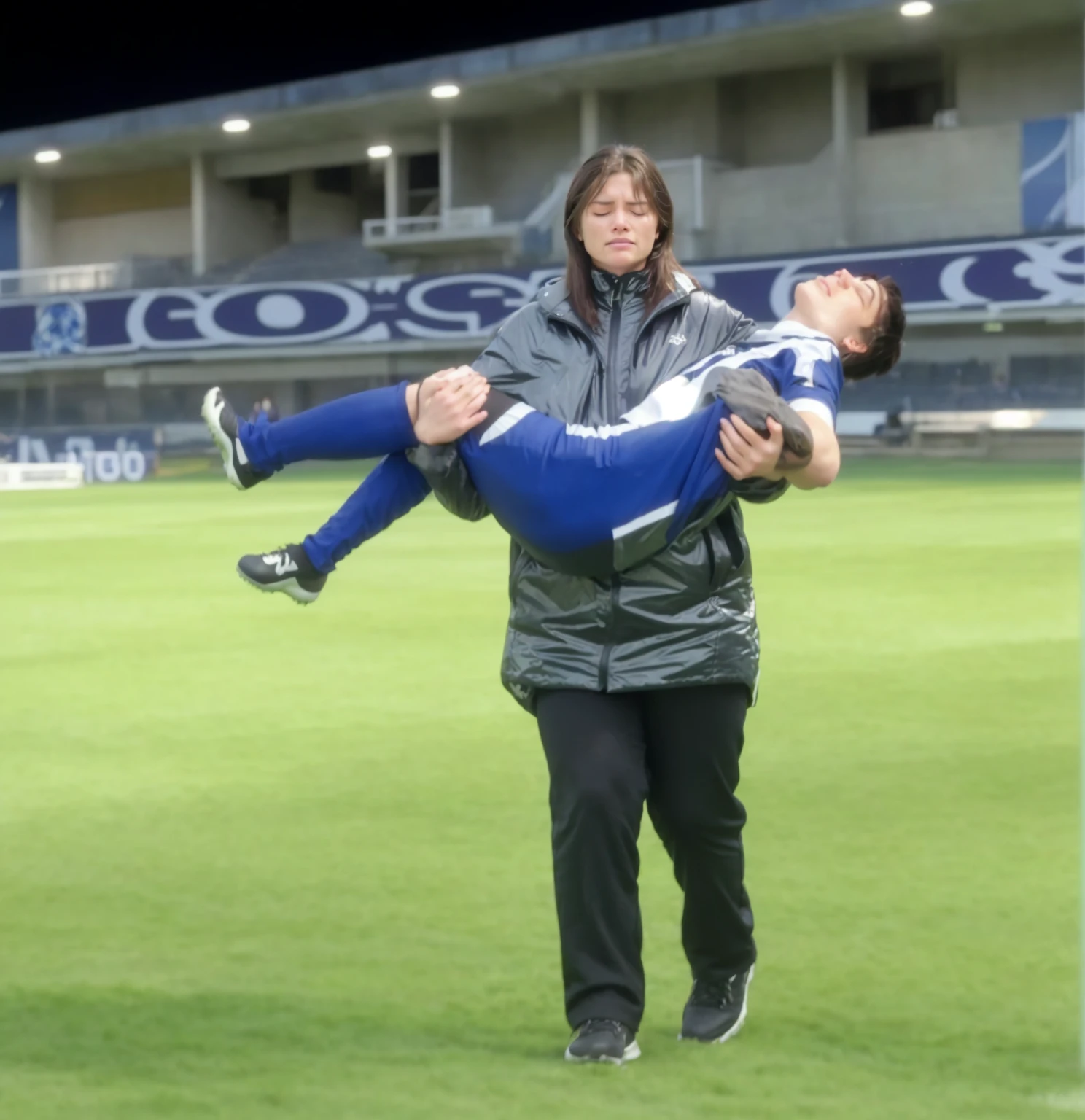 soccer action pose, cradle-carry-pose, Erste help in einem Sportstadion, affection pose, lecherous action pose, dramatic action pose, theatralic pose, There is an attractive long-haired woman, a wounded athlete in her arms, There is a beautiful long-haired woman in a shiny black outfit, who carries a short-haired young footballer in her arms, a long-haired beautiful woman in a high-gloss black down coat, a long-haired woman in a shiny black coat, A woman wears a short-haired man, Wearing a matte cotton sports outfit, a weak man in matte cotton sports shorts is consciousless and needs to be carried, A short-haired man with closed eyes is carried by a long-haired woman, a woman looks very scared and terrified, a consciousless man with closed eyes is suffering very much and has a very painful face, photoshot, photoshotshooting, photographed , accident, help, aid, Erste help, pity