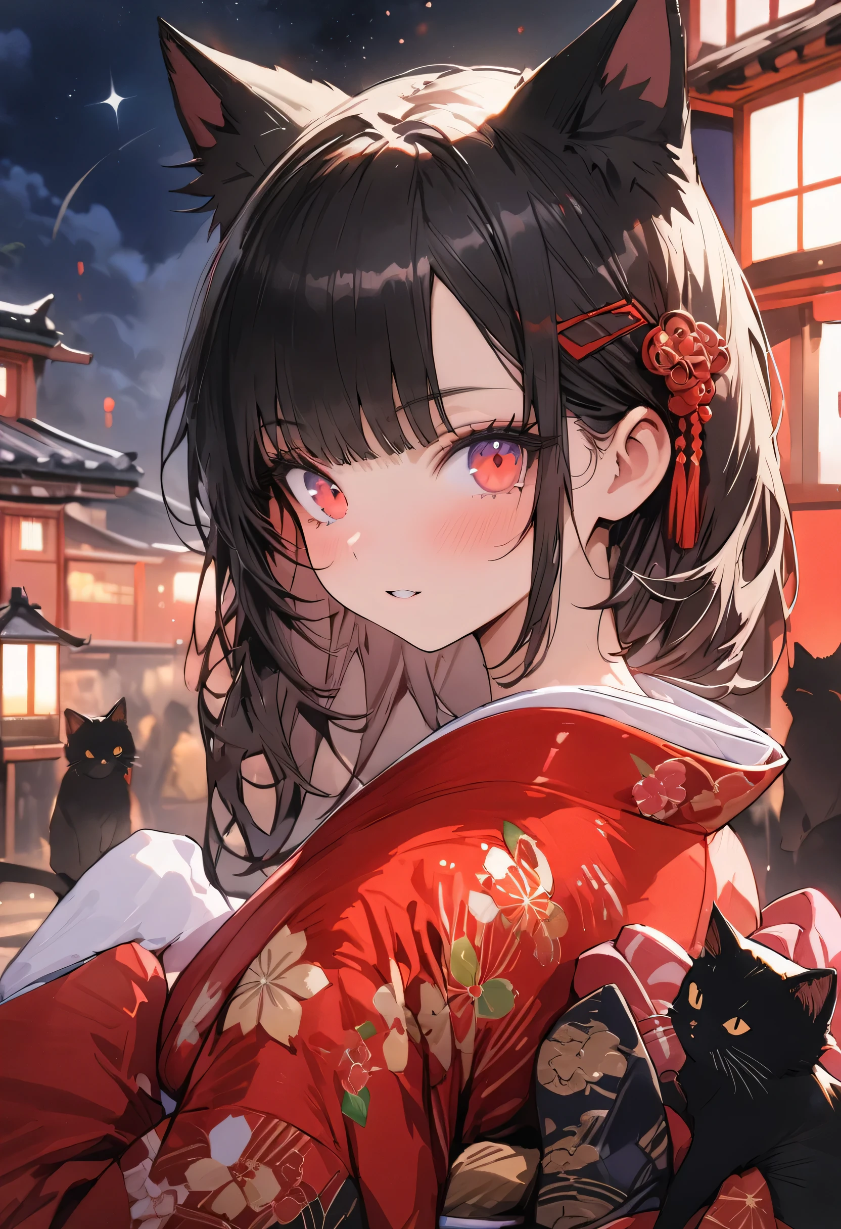 (masterpiece, best quality, highly detailed, absurdres:1.3), 1girl, cute girl,  cat ears, kimono, (Meow meow pose:1.3),  (fantastic illustration, beautiful detail, best quality, top quality, fain touch outline:1.3), background japanese style house, night sky, dark sky, watercolor, clear, tangle, beautiful scenery