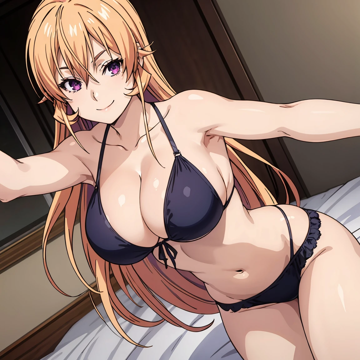 solo , masterpiece , high quality, mature female, mature, adult, Erina_Prodigy, wide hips , busty , big breasts , milf , 1girl, long hair, solo, breasts, purple eyes, looking at viewer, cleavage, smile, blonde hair, collarbone , bangs, large breasts, closed mouth, hair between eyes, black bikini , very long hair, bedroom , looking at viewer , sexy pose
