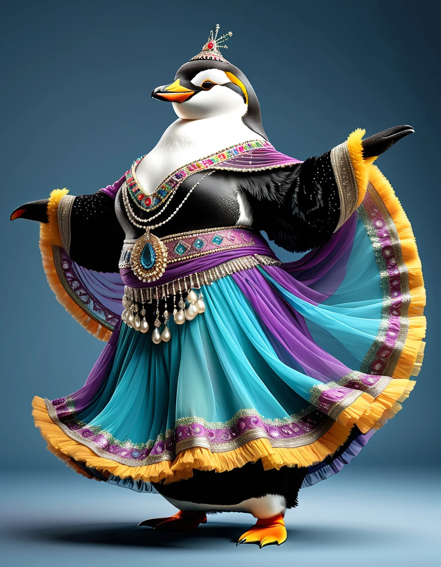 photorealistic portrait of Dressed animals - a ((fat)) ((penguin)) dancer,(furry), (dynamic dancing:2.0), (swinging arms :2.0),(happy smile:1.2),high quality,(happy),(lovely) ,intricate details, (sheer veil), highly detailed (( gypsy belly dancing clothes)) ,highly detailed decorations of clothes, Wearing gypsy belly dancing clothes, , (happy), studio lighting,(full body image:1.5),simple background,(viewed from side:2.0),