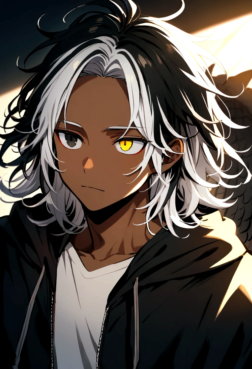 white  shirt, wearing a black hoodie , yellow and black eyes heterochromia , Calm expression, Messy hair , Medium length hair , 1 men , multicolored black and white hair , two tone hair , dark skin color, with a dragon in the background 