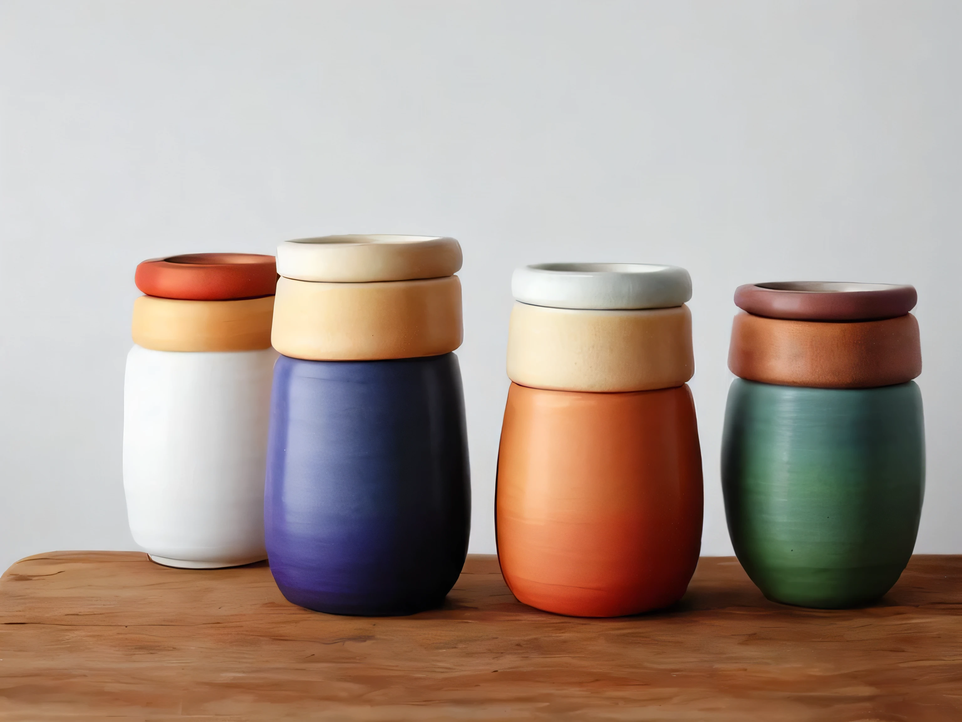 (Still),Colored glaze ceramics, containers,Vision,Lots of white space,(masterpiece), (best quality), Simple background, Rule of Thirds, (Still) Colored glaze ceramics, Backlight, real life, lifelike, actual, no humans, wood