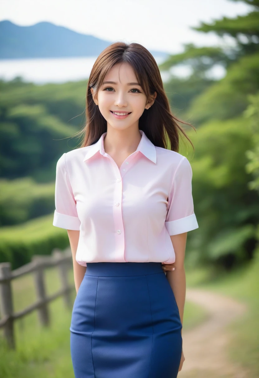 8K, Ultra-high resolution, Highest quality, masterpiece, 三分割法によるphotograph,Surreal, photograph, 1 girl, (16 years old:1.3), pretty girl, Cute face, Beautiful eyes in every detail, 細かくdetailedに,masterpiece,, One Girl:1.2, Japan Female Announcer,whole body,Young Wife,Pale pink collared shirt,Country Road,Looking up at the sky,profile,Pencil Skirt、Full of cleanliness,A carefree smile,Healing the heart,Semi-long layered hair,Looking at the audience、beauty,Long neck、Laugh a little、Please close your mouth and laugh、(((Ideal body type))),A-cup small breasts :2,、Portraiture:2、Perfect Anatomy、鮮明なdetailed、detailed、Surreal、Light and shadow,Strong light