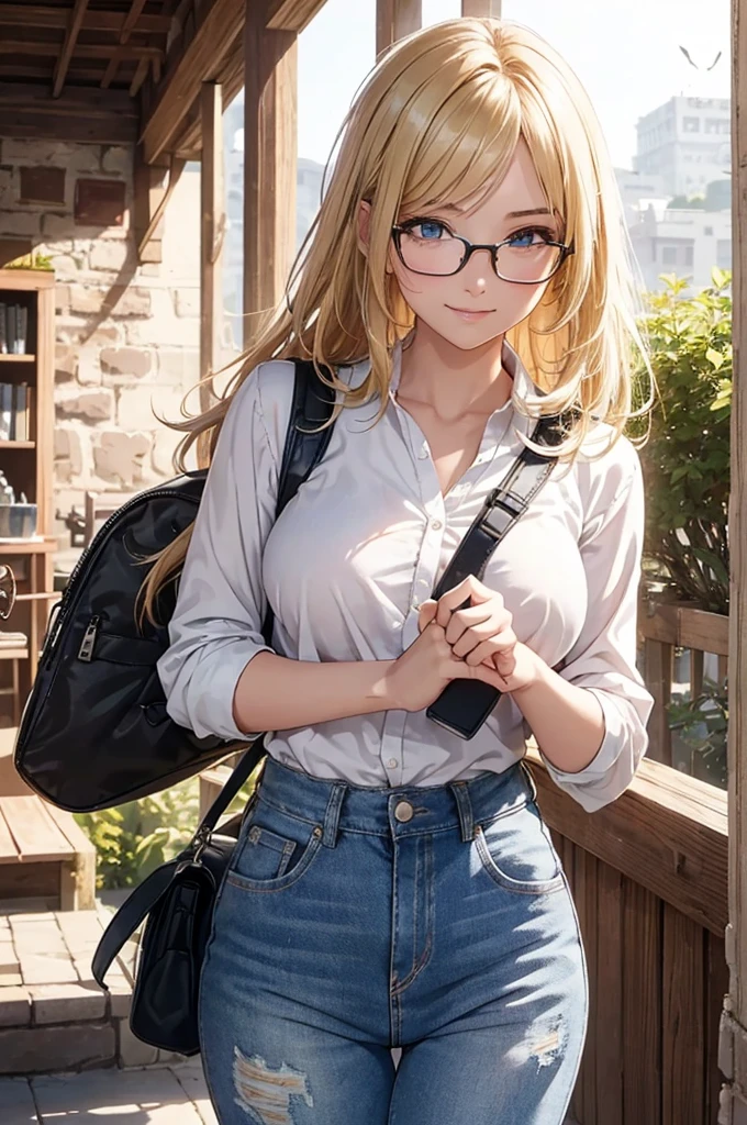 最high quality, high quality, High resolution, high quality texture, high quality shadows, High resolution, Beautiful details, Detailed CG, Detailed Texture, Realistic representation of face, Realistic, colorful, delicate, Cinematic Light, Side light, Lens flare, Ray Tracing, sharp concentrated, (1 Girl,concentrated:1.3), ( Intricate details, compensate, PureErosFaceV1:0.5), (細部まで美しいdelicateな顔, 緻密で美しいdelicateな瞳, Perfect Facial Proportions, Dense skin, Optimal ratio of four fingers to one thumb, Modest chest, Beautiful Hips, Smooth upper abdomen, blue eyes , glasses ,White shirt, Denim pants ,trekking shoes, , jordan, Petra Ruins  ,buzzer, blue sky,Backpack,adventure journey ,the gaze of true love, lips of temptation, A look full of compassion ,a smile full of love, Acting lovey-dovey, waist up, 35 years old, hiking,house wife,show off nipples under white shirt, air fortress hair, blonde hair